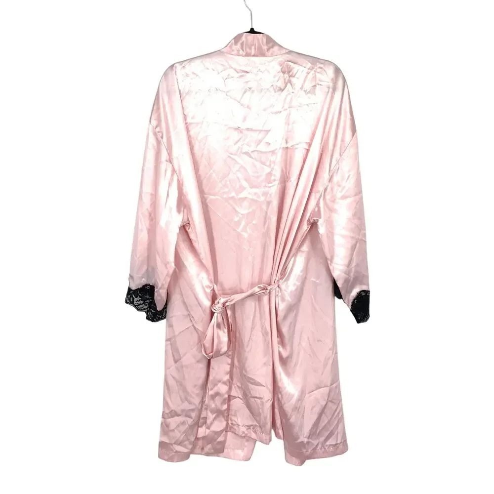 Victorias Secret Robe Tie Waist Womens Size XL Pink Satin Black Lace